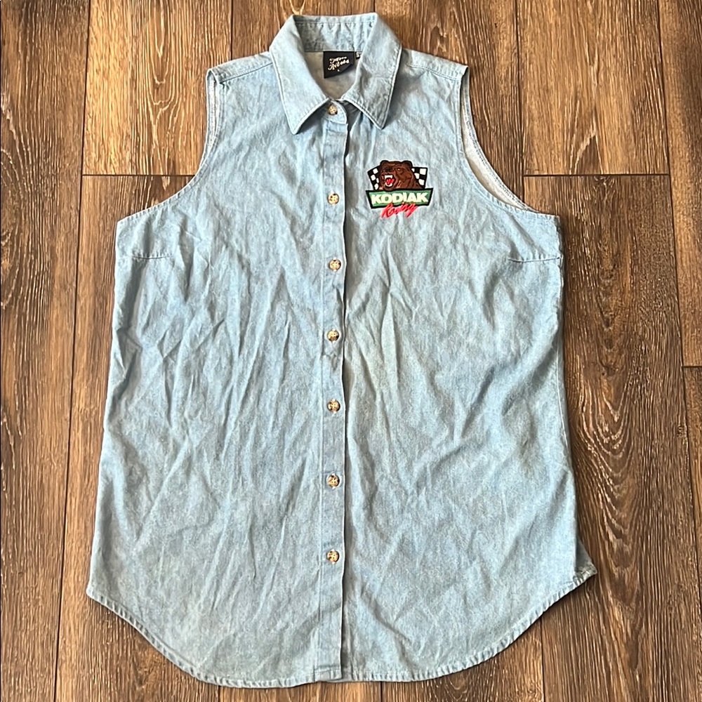 Vintage Three Rivers Kodiak Racing Sleeveless Denim Button Down Shirt Large USA